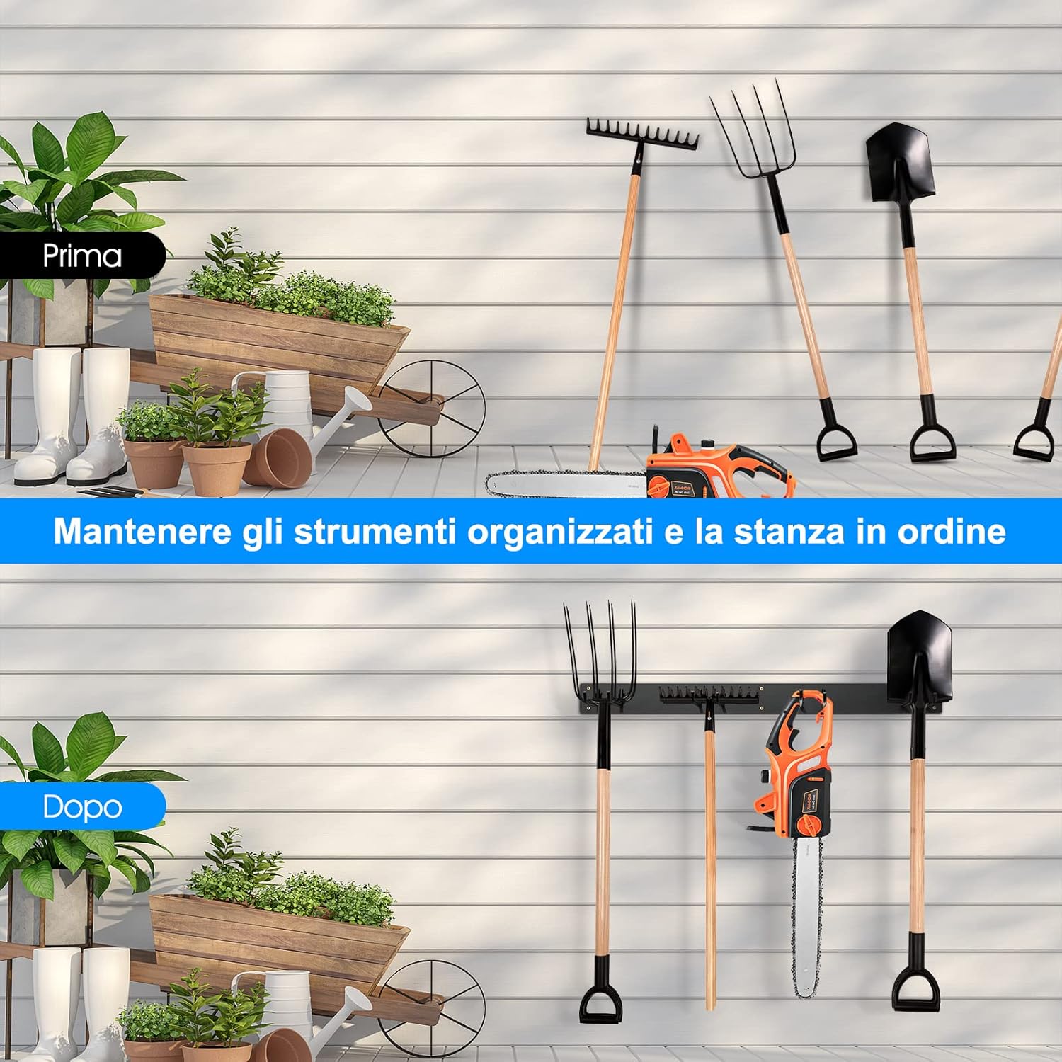 Organizzatore Garage, Organizzatore di Attrezzi da Giardino in Metallo con 8 Ganci, Capacità di Carico di 150 kg