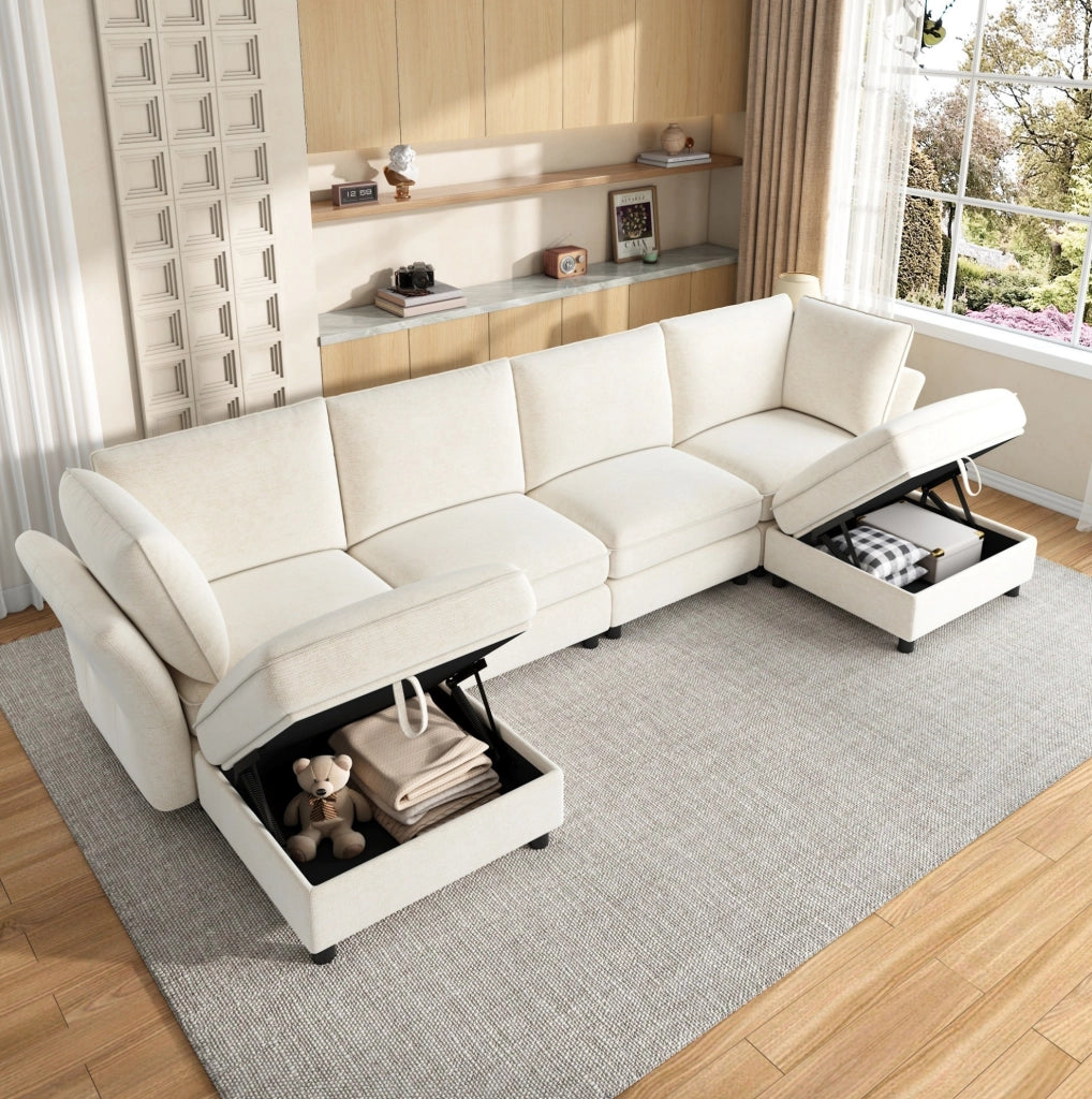 Divano modulare a U 6-7 posti con 2 pouf contenitore; 289x137x84 cm; chenille beige