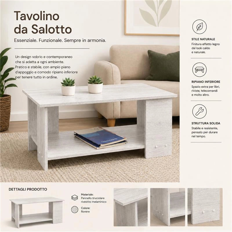 TAVOLO DA CAFFÈ IN LEGNO BIANCO CON RIPIANO E 4 SUPPORTI DIMENSIONI 89X48X42CM