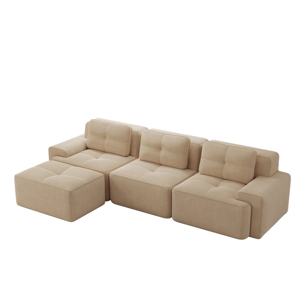 Divano modulare a L 3 posti beige 293x177x69 cm con pouf; velluto a coste