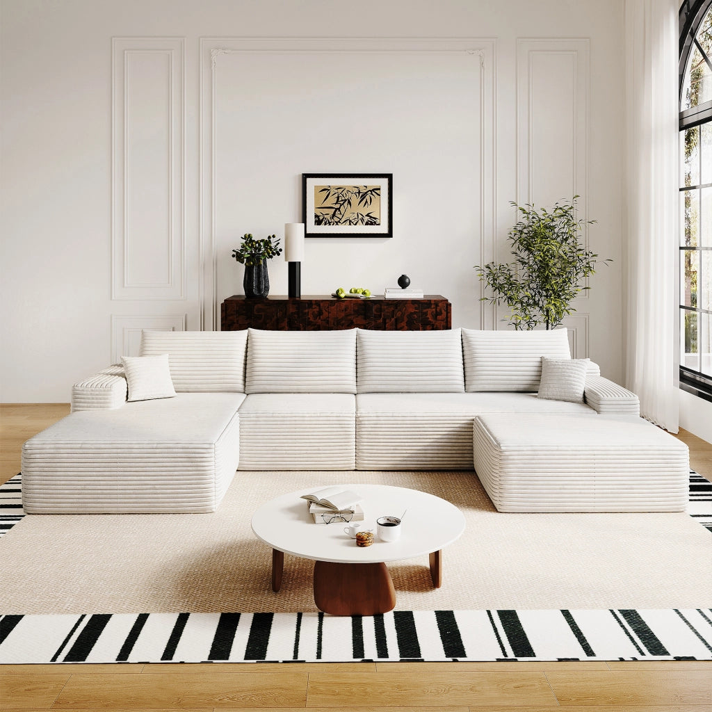 Divano ad angolo modulare con chaise longue a L e schiuma ad alta elasticità in tessuto bianco per soggiorno grande
