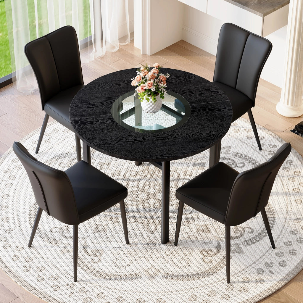 Tavolo da pranzo rotondo per 2-4 persone con piano in MDF e inserto in vetro, ripiano in vetro, nero, diametro 100 cm