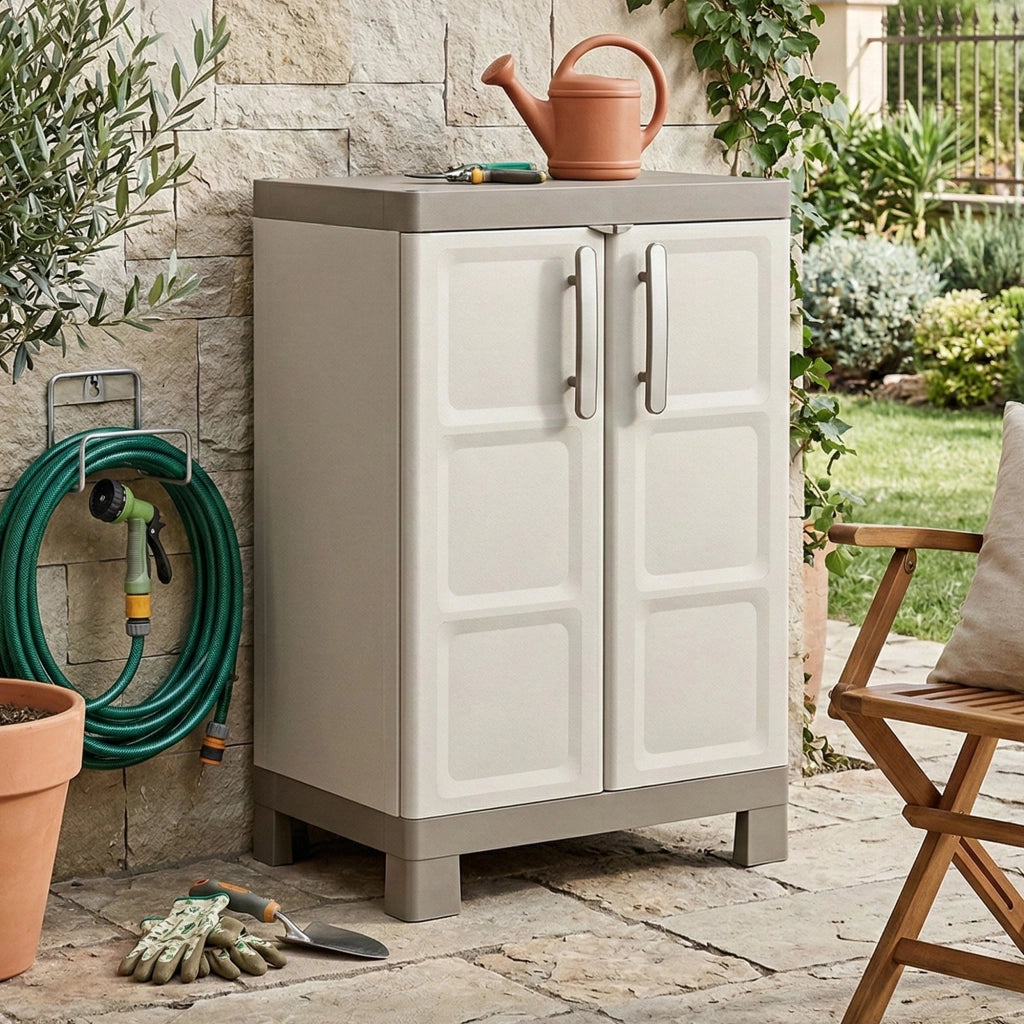 Armadio da esterno Strathmore, Mobile outdoor, Mobiletto giardino multiuso, Contenitore per balcone o garage, Made in Italy, 65x45 h97 cm, Sabbia