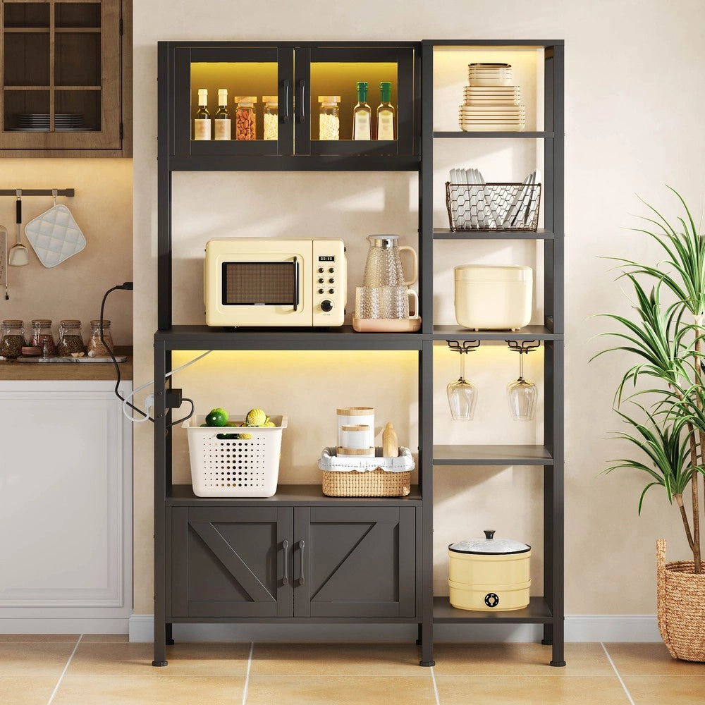 Libreria da Cucina con Presa e LED ¨C MINIMAL ¨C Scaffale Vino e Microonde, Legno, 180x115 cm