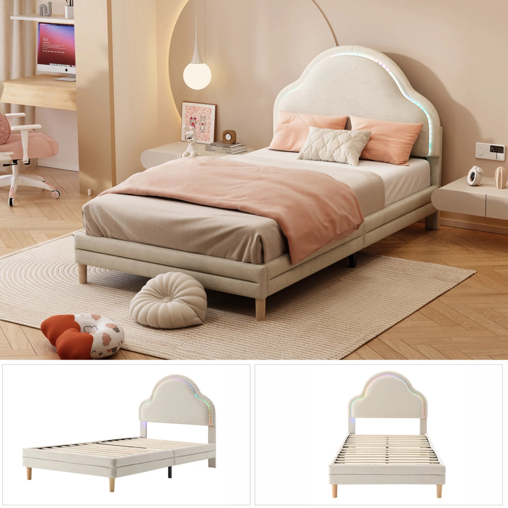 Letto imbottito con testiera a forma di nuvola e luci LED multicolore