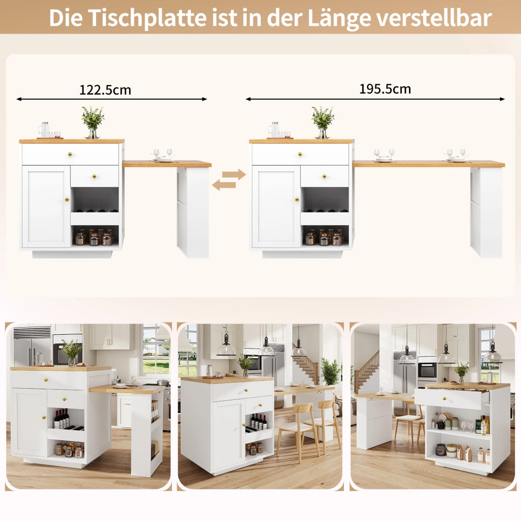 TAVOLO ISOLA CUCINA ESTRAIBILE 122,5-195,5 CM BIANCO MDF