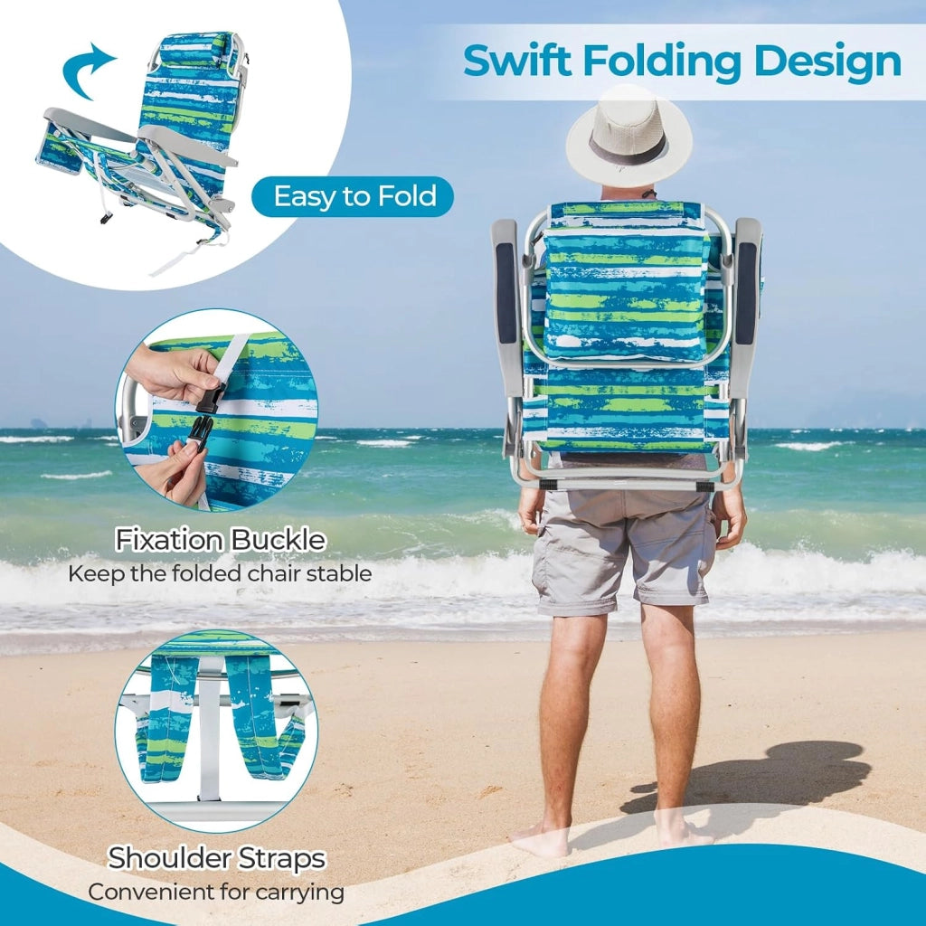 Sedia da Spiaggia Pieghevole, Spiaggina con Schienale Regolabile in 5 Posizioni, Sdraio Mare con Poggiatesta, Lettino Prendisole con Tasca Laterale, Carico 150 kg (Blu+Verde*2)