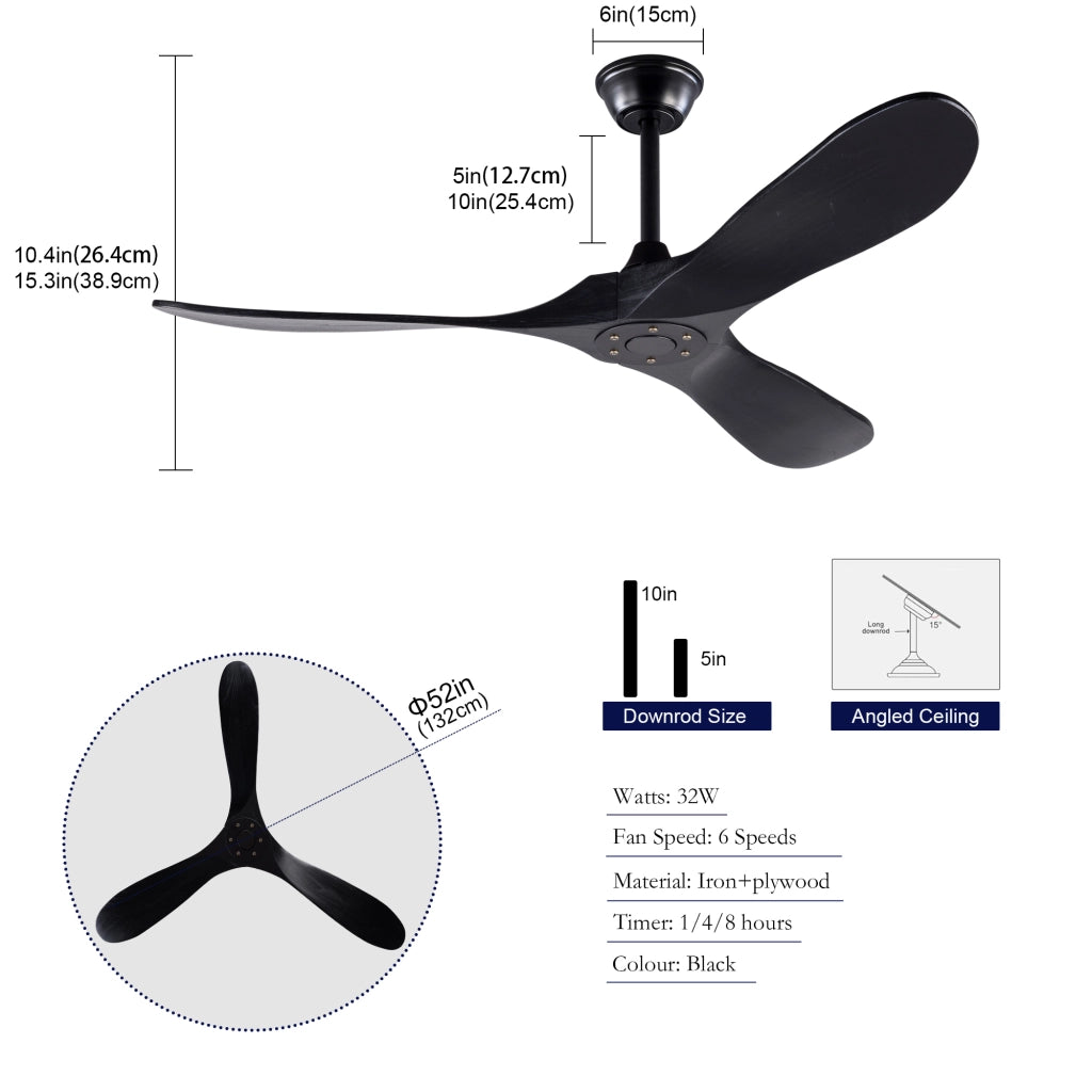 Ventilatore da soffitto 52 pollici senza luce; 3 pale in legno e telecomando; nero