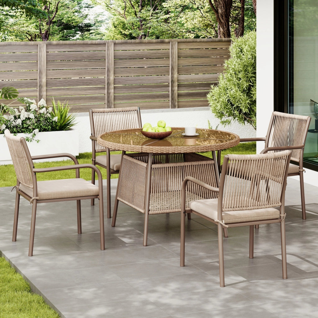 Set Tavolo Rotondo in Vetro e 4 Sedie con Braccioli in Polyrattan ¨C MINIMAL ¨C Ferro, Giardino/Balcone