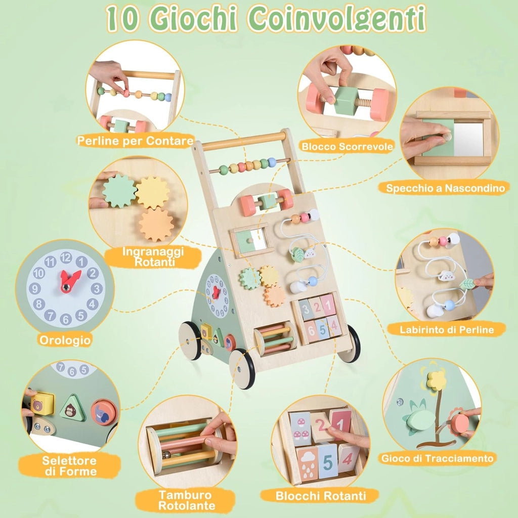 Carello Primi Passi in Legno per Bambini, Girello Montessori con Centro Attività, Ruote e Cestino Portaoggetti, Gioco Educativo per Bambini 12 + Mesi (Modello 5)