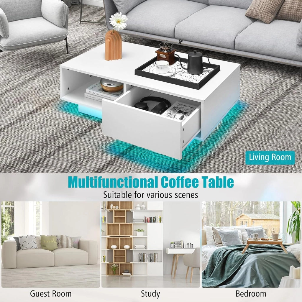 Tavolino da caffè rettangolare moderno con luce colorata e telecomando, tavolino da caffè con cassetto e ripiano aperto per soggiorno (bianco)
