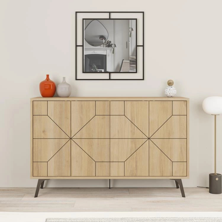 Madia con 4 Ante Credenza Bassa 123x35x77,4 cm Design Geometrico Moderno in Legno Quercia