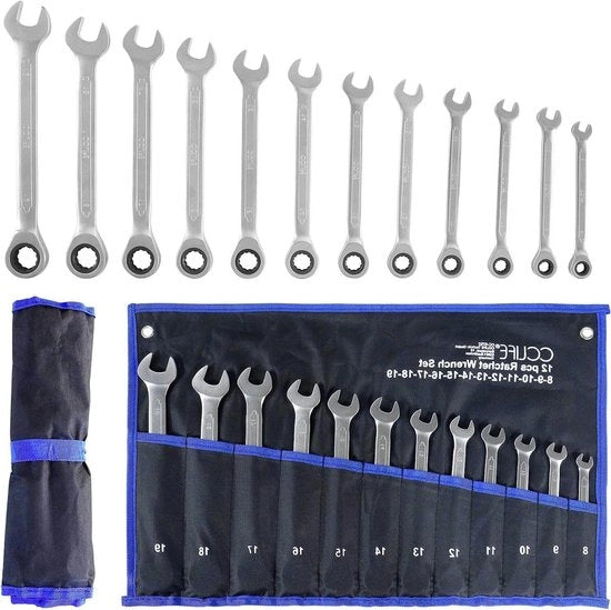 Set di chiavi a molla a 12 pezzi | 8-19 mm | Acciaio CrMoV | 72 denti - Chiavi a molla con funzione a rullo