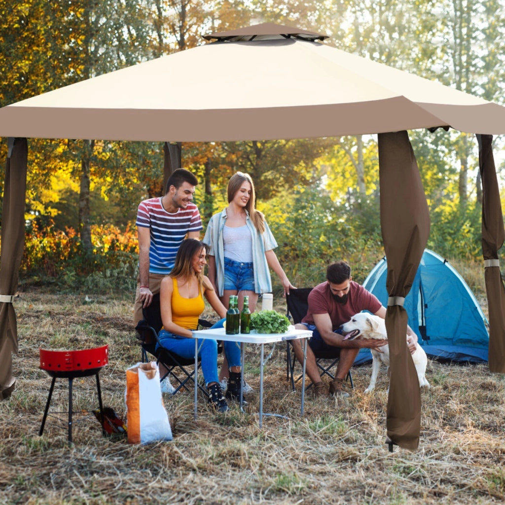 Tenda a baldacchino 4x4m con tetto a 2 livelli tessuto oxford altezze regolabili, Gazebo per cortile patio Marrone-Gazebo