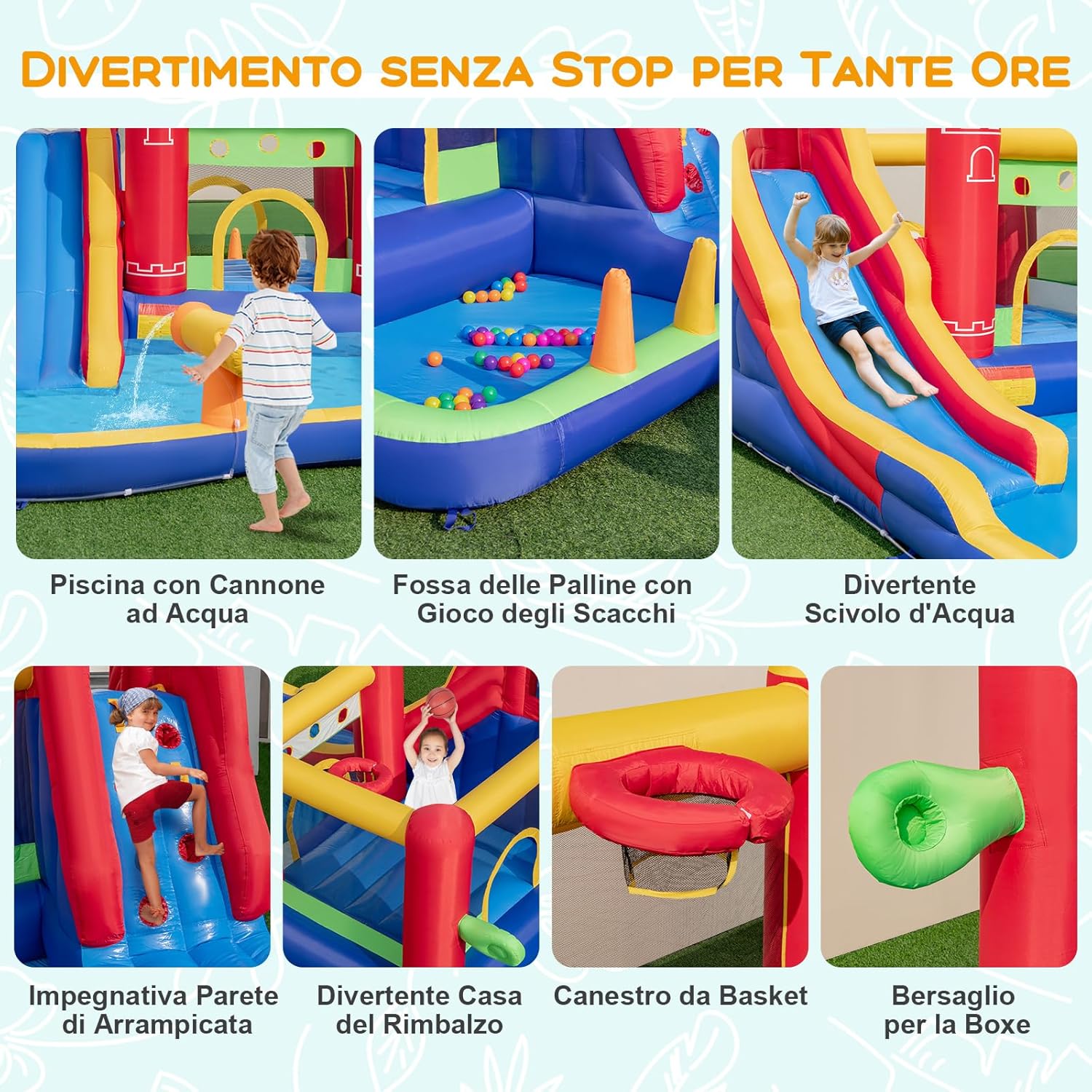 Castello Gonfiabile, Casa Gonfiabile con Scivolo, Piscina, Parete da Arrampicata, Trampolino e Cannone d'Acqua, con ventilatore, per Bambini di 3-10 Anni, 624 x 270 x 235 cm