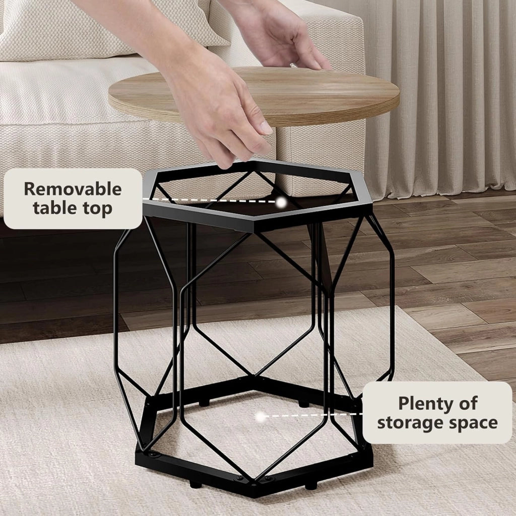 Set di 2 Tavolini da Salotto Rotondi, Tavolini Contenitori in Legno e Metallo, Tavoli Caffè con Piano Rimovibile, per Soggiorno, Camera da Letto, Legno Nero, BTS05szdc