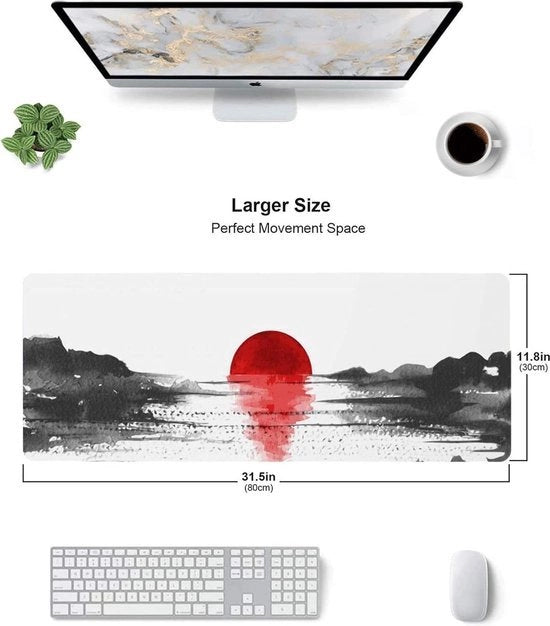 Tappetino per mouse, nero e bianco, design Cherry Blossom Extended Large, larghezza 80 cm, profondità 30 cm, spessore 3 mm, bordo in gomma antiscivolo lungo 3 mm