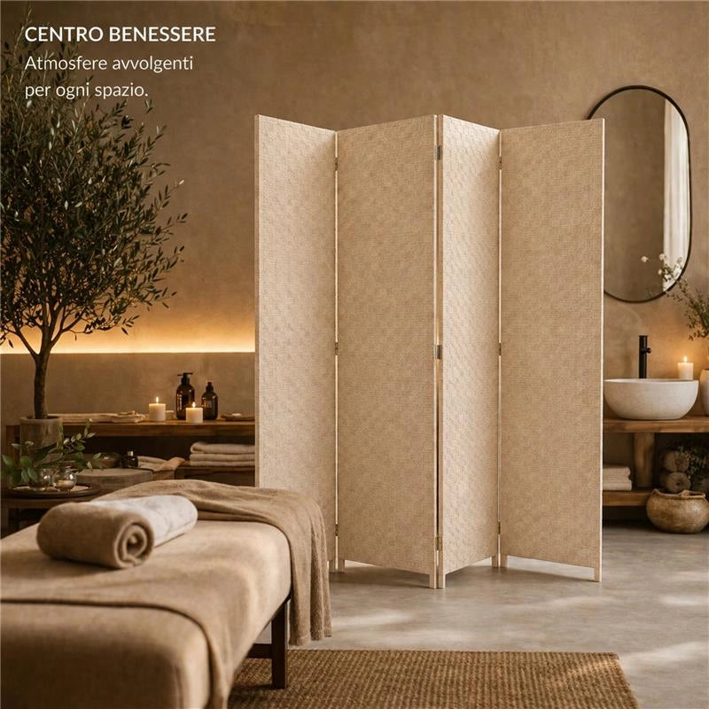 SEPARE' CON QUATTRO PANNELLI IN PLASTICA BEIGE CON STRUTTURA IN LEGNO MISURE: 180X180 CM