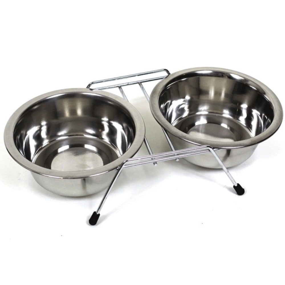 Trade Shop - Ciotola Doppia Per Cani 16 Cm Con Supporto Cibo Acqua Crocchette Acciaio -