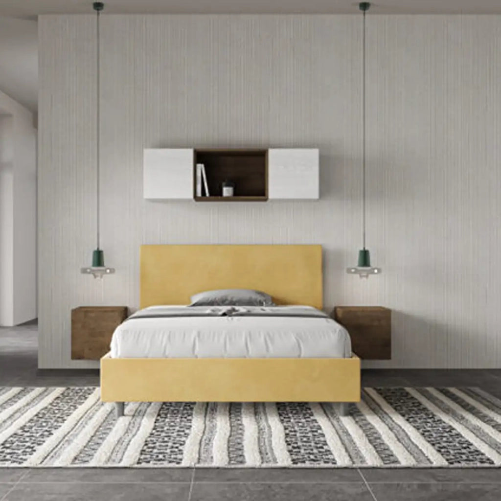 Letto matrimoniale francese contenitore imbottito 140x210 microfibra ocra Adele
