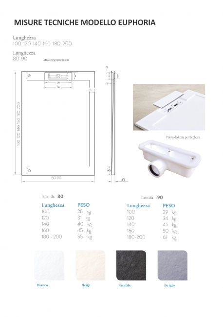 Piatto doccia in pietra SOLIDSTONE alto 2,8 cm con bordo - Grigio - Misura: 90x160 x 2,8h