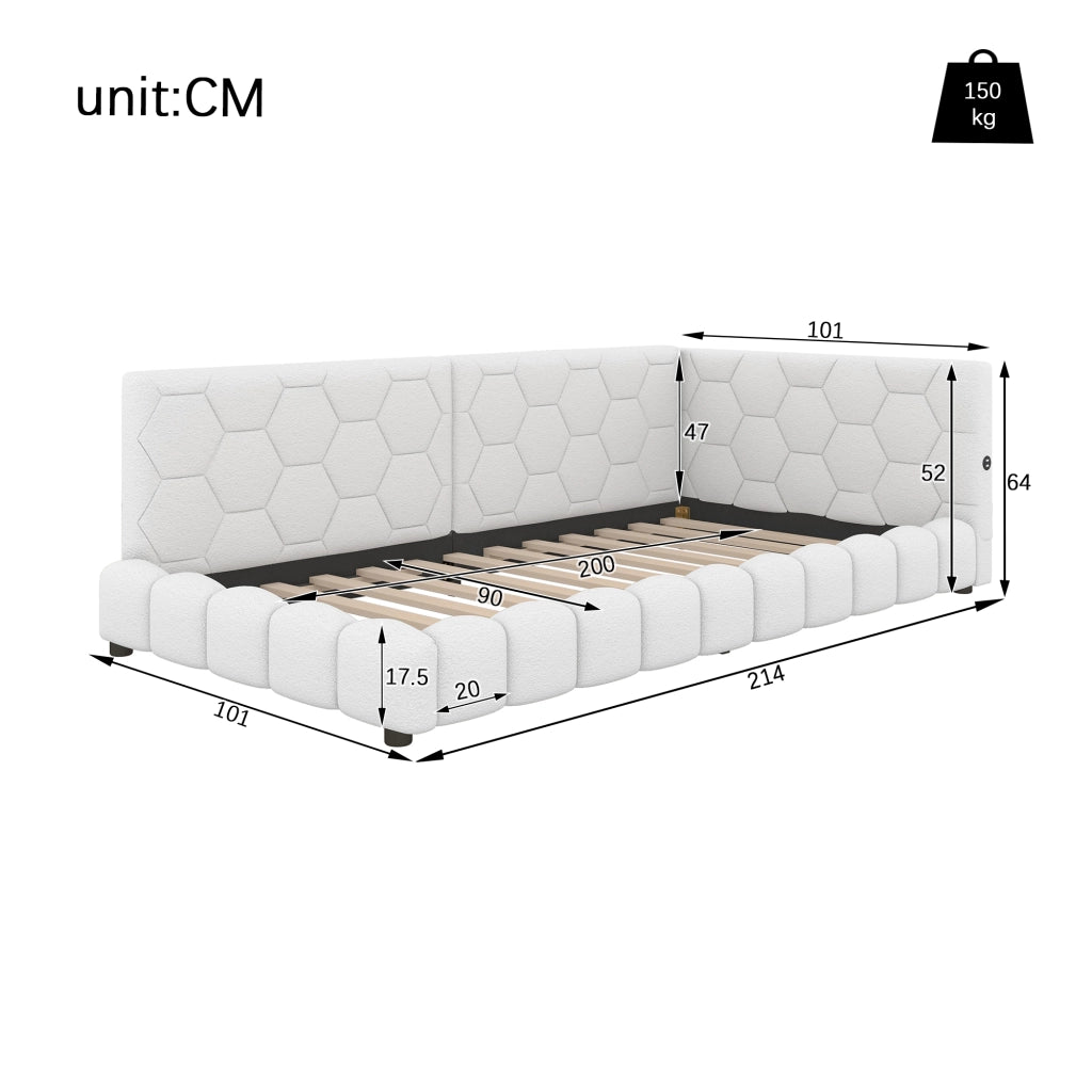 Letto singolo 90×200 cm con LED regolabile; USB e Type-C; senza materasso; MDF e velluto; bianco