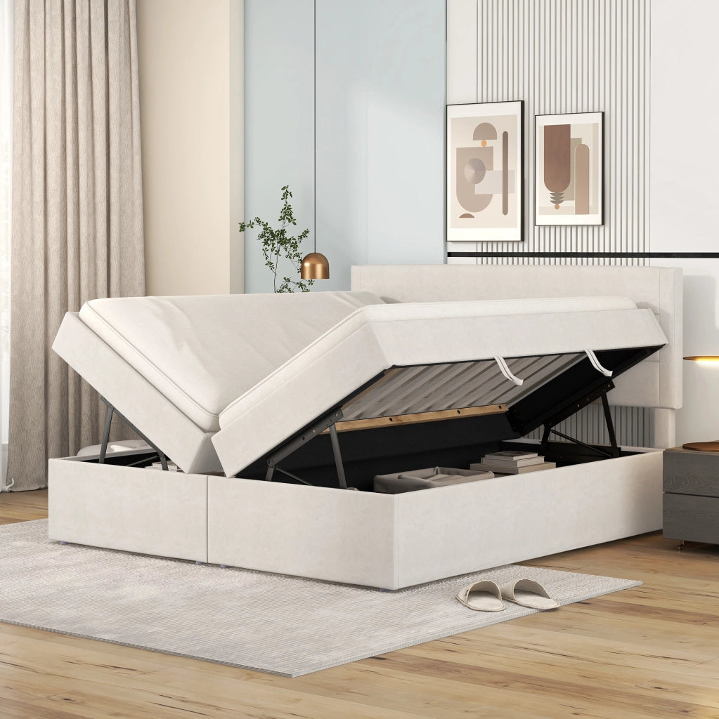 Letto matrimoniale imbottito beige con contenitore e rete a ribalta