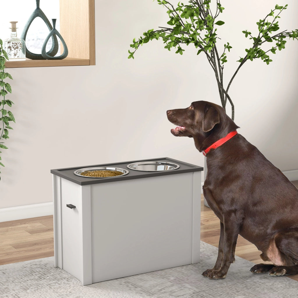 Ciotola rialzata per cani grandi in MDF con vano porta cibo e 2 ciotole in acciaio inox bianca 60 × 30 × 42 cm