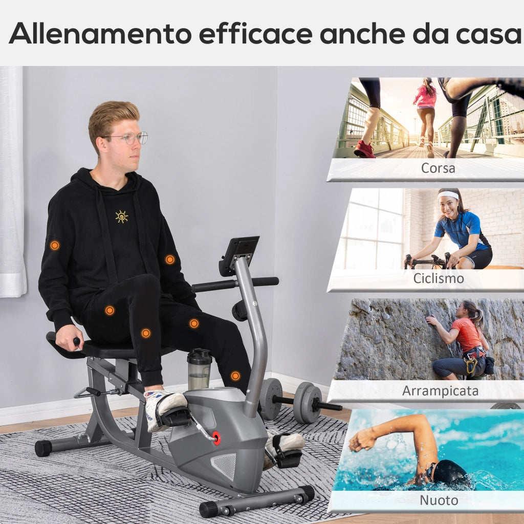 EasyComfort Cyclette Orizzontale con Seduta Regolabile, 8 Resistenze e Monitor LCD, 121.5-136x62.5x98cm, Grigio