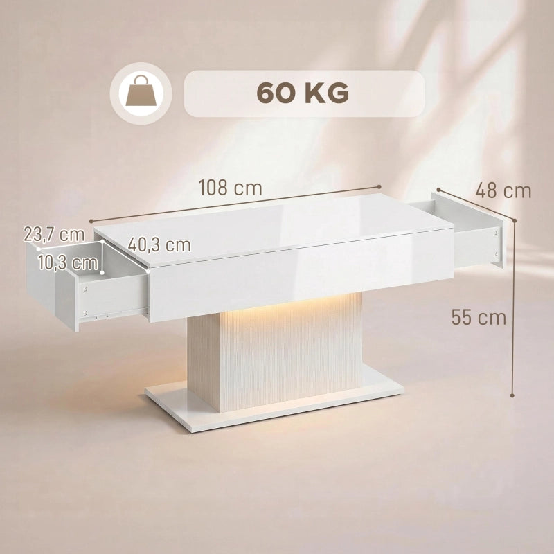 Tavolino basso con LED RGB, 2 cassetti e telecomando, finitura lucida bianca, per soggiorno, 120 × 56 × 13 cm