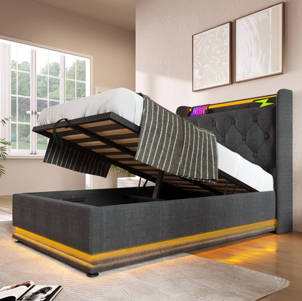 Letto singolo contenitore LED 90x200 cm grigio con USB-C