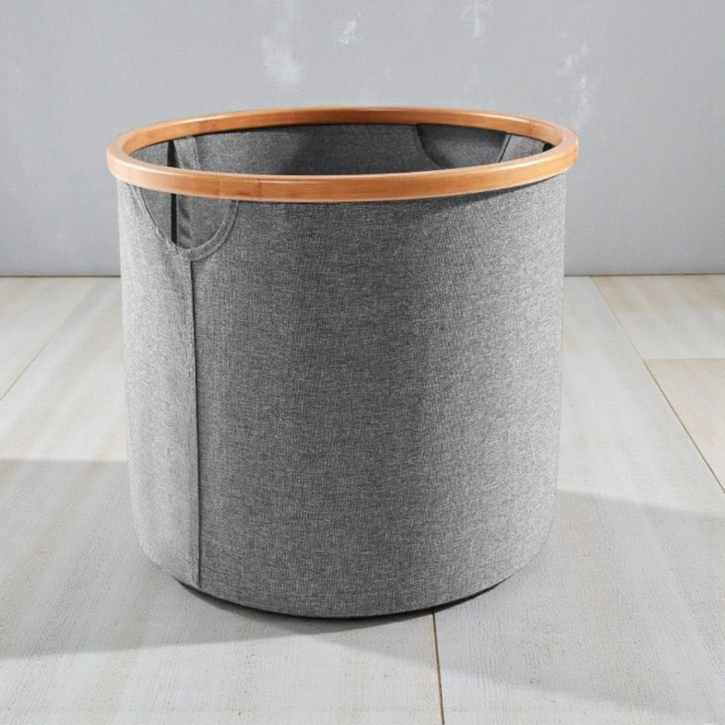 Cesto Portabiancheria Rotondo 45,5x35cm Grigio con Bordo Bambù Pieghevole 87741