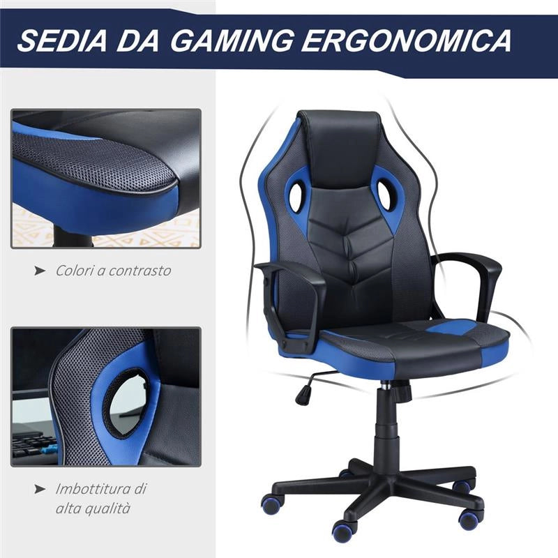 SEDIA DA GAMING POLTRONA DA UFFICIO GIREVOLE CON RUOTE IN SIMILPELLE NERA BLU