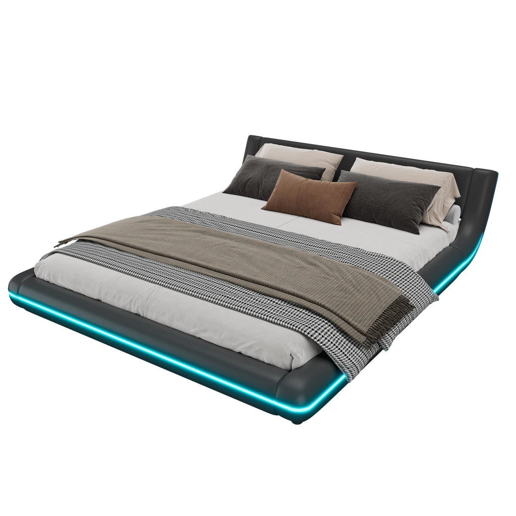 Letto Basso Letto Matrimoniale 160x200 cm; 2 Posti; LED Regolabile; in PU e MDF; Nero