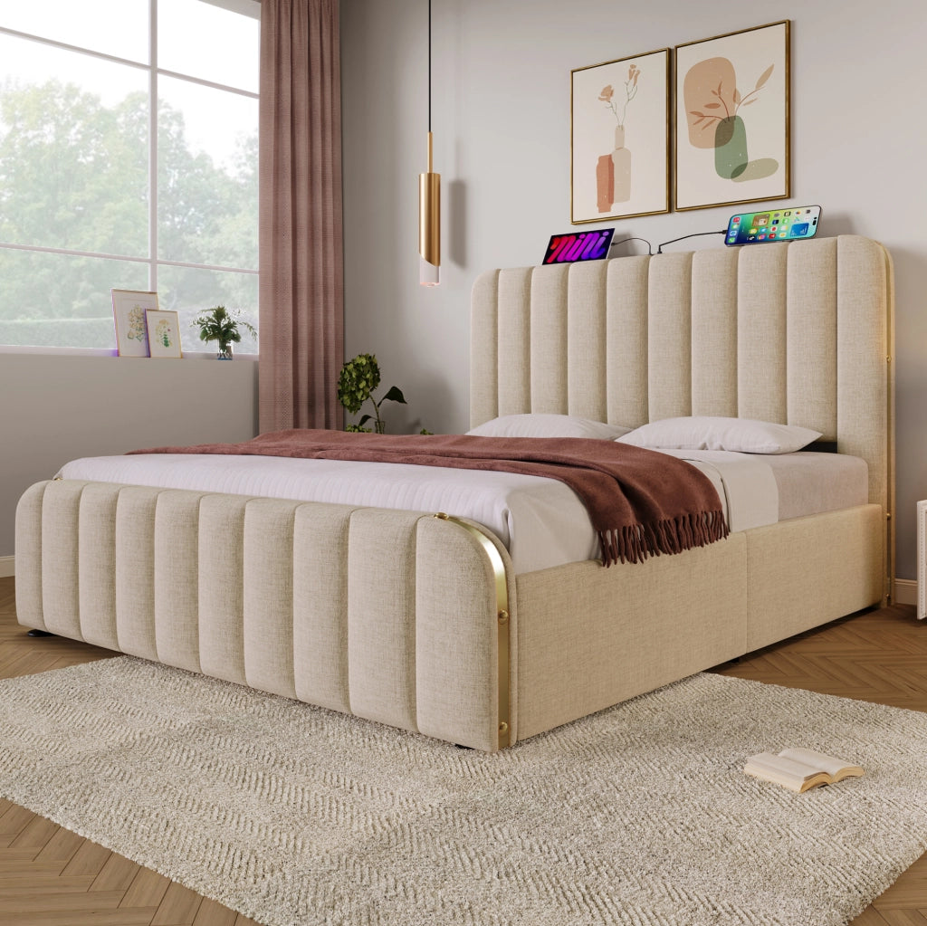 Letto imbottito 140x200 cm in lino beige con 4 cassetti e ricarica USB Type-C
