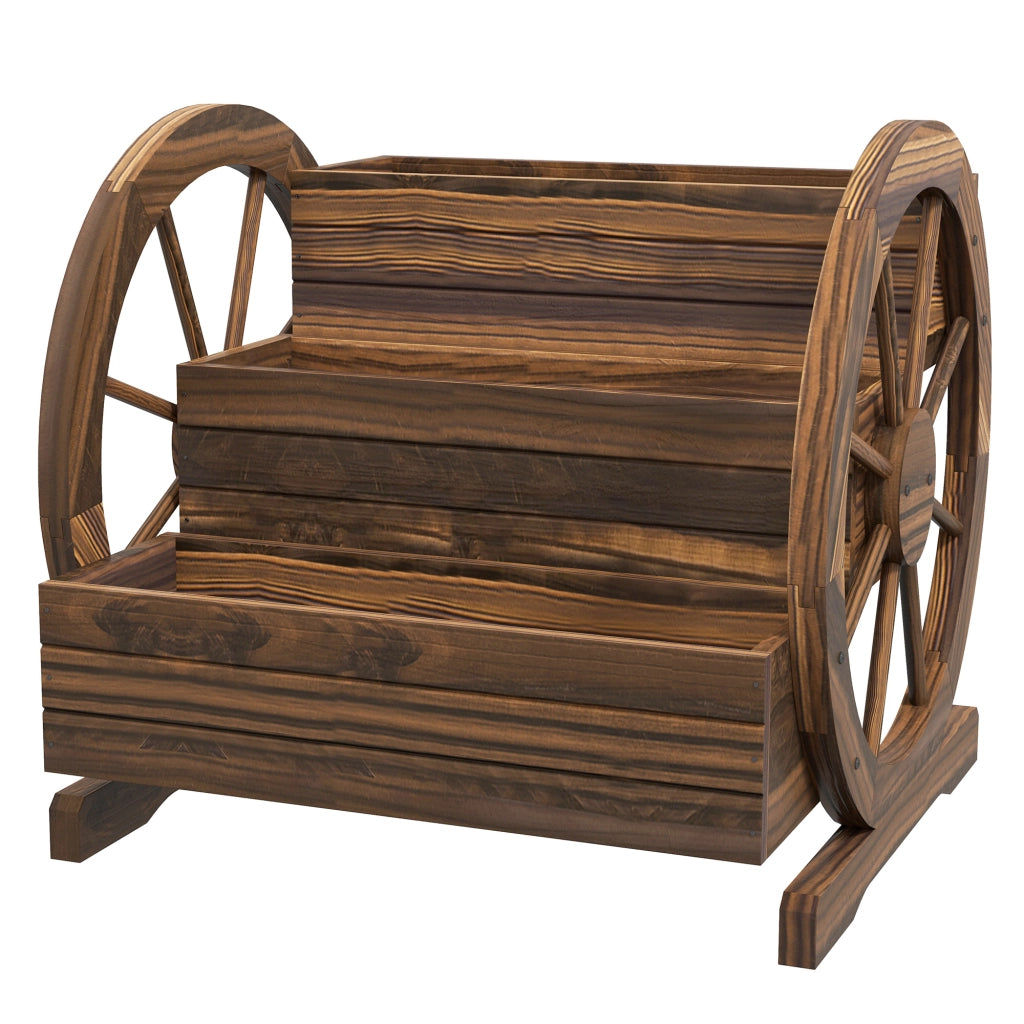 Fioriera da Esterno a 3 Livelli con Ruote Decorative in Legno di Abete Carbonizzato, 62x61x57 cm