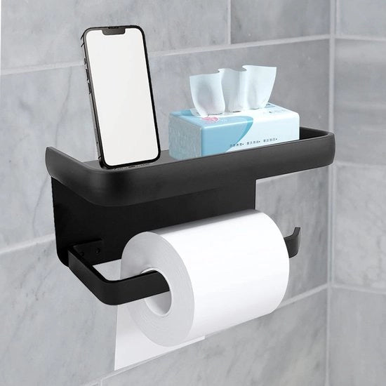 Sostituto di Carta igienica per Bagno con Piastra per Telefono - Sostituto di Carta igienica per WC - Sostituto di Carta igienica per WC - Fissaggio a Percussione / Autoadesivo inclusi Viti - Acciaio Inox - Nero