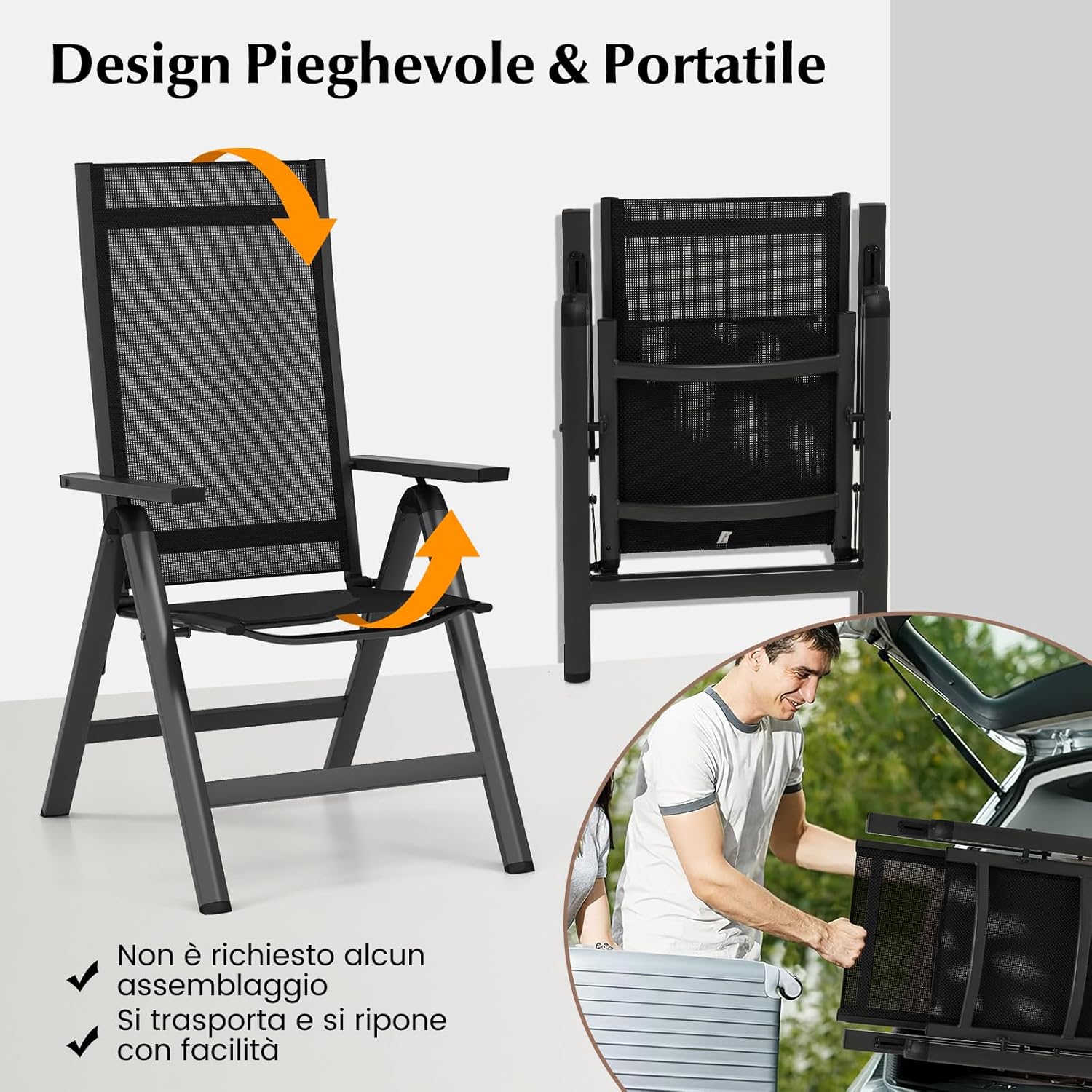 Sedie Pieghevoli da Patio, Sedie in Metallo con Schienale Regolabile su 7 Posizioni, Braccioli, Sedie Reclinabili Portatili per Giardino, Veranda, Piscina, 72,5 x 58 x 107 cm (1)