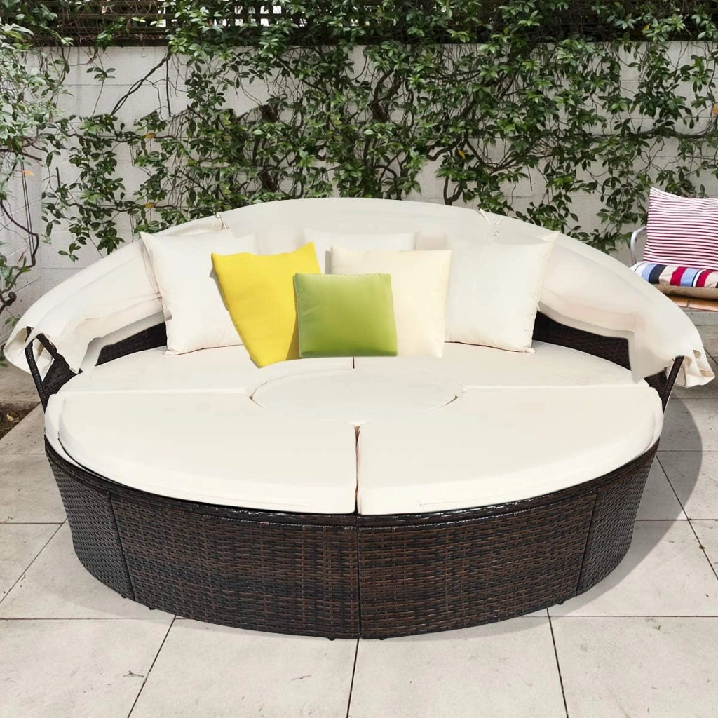 Letto da Giardino Esterno Rotondo in Rattan con Baldacchino Retrattile, Salotto da Giardino Esterno Divano, Lettino da Giardino Portico (Bianco)