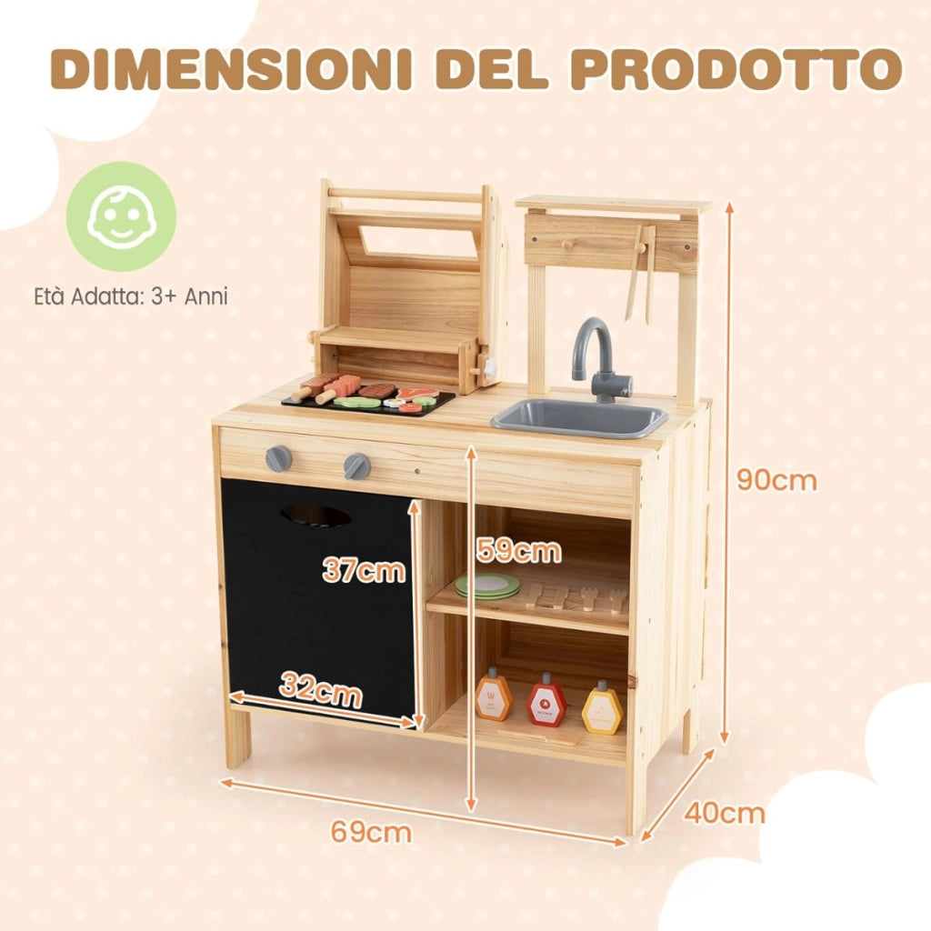 Griglia da gioco in legno con cibo da gioco, Set da cucina Immaginario con cibo da gioco Naturale