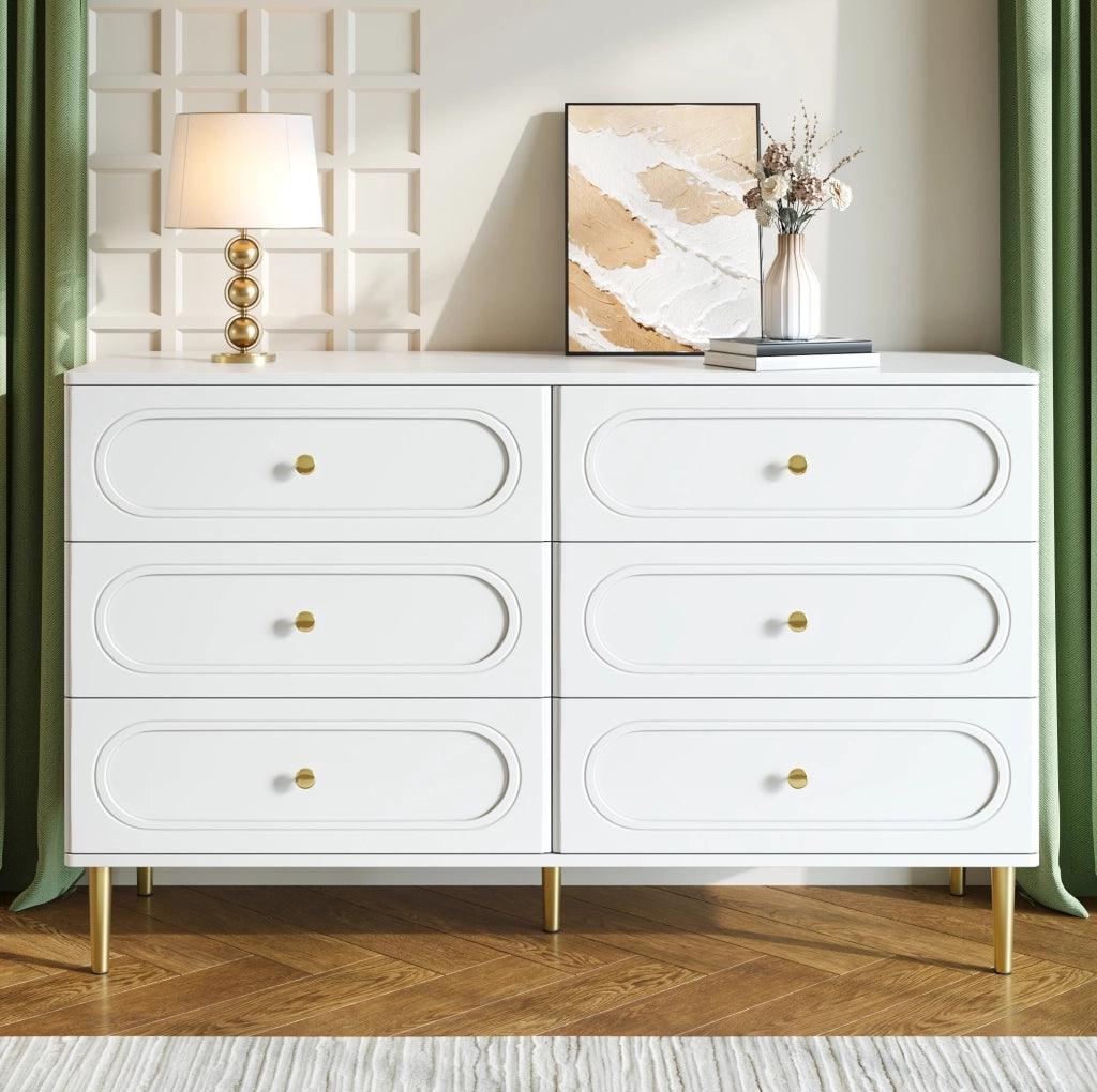 Credenza ULEVR 120x40x75 cm con 6 cassetti e piedini in metallo, bianca