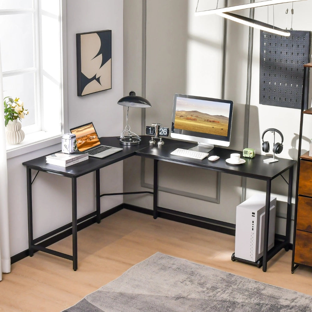 Scrivania ad angolo a L con presa di corrente, Scrivania per computer da 168cm con supporto CPU e telaio in metallo Nero-Scrivanie