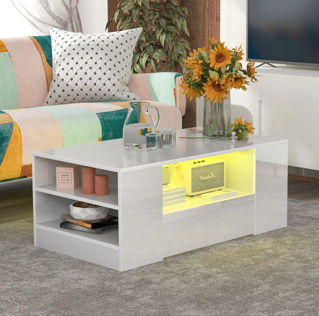 Tavolino da caffè LED con 2 cassetti e 2 ripiani; 95 x 53 x 37 cm; bianco