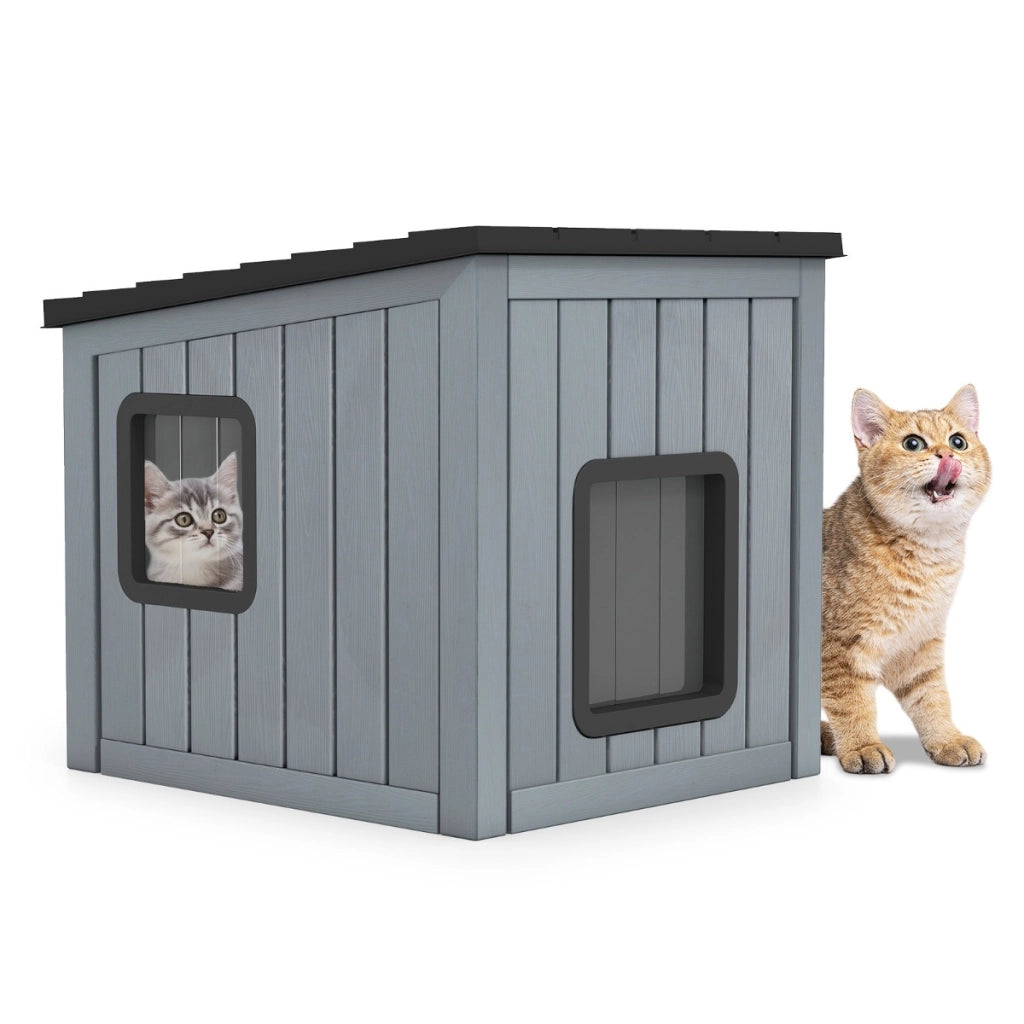 Cuccia rifugio isolato per interni ed esterni con 2 porte in pvc e tetto inclinato, Cuccia per animali domestici per gatti Grigio-Casette e lettini