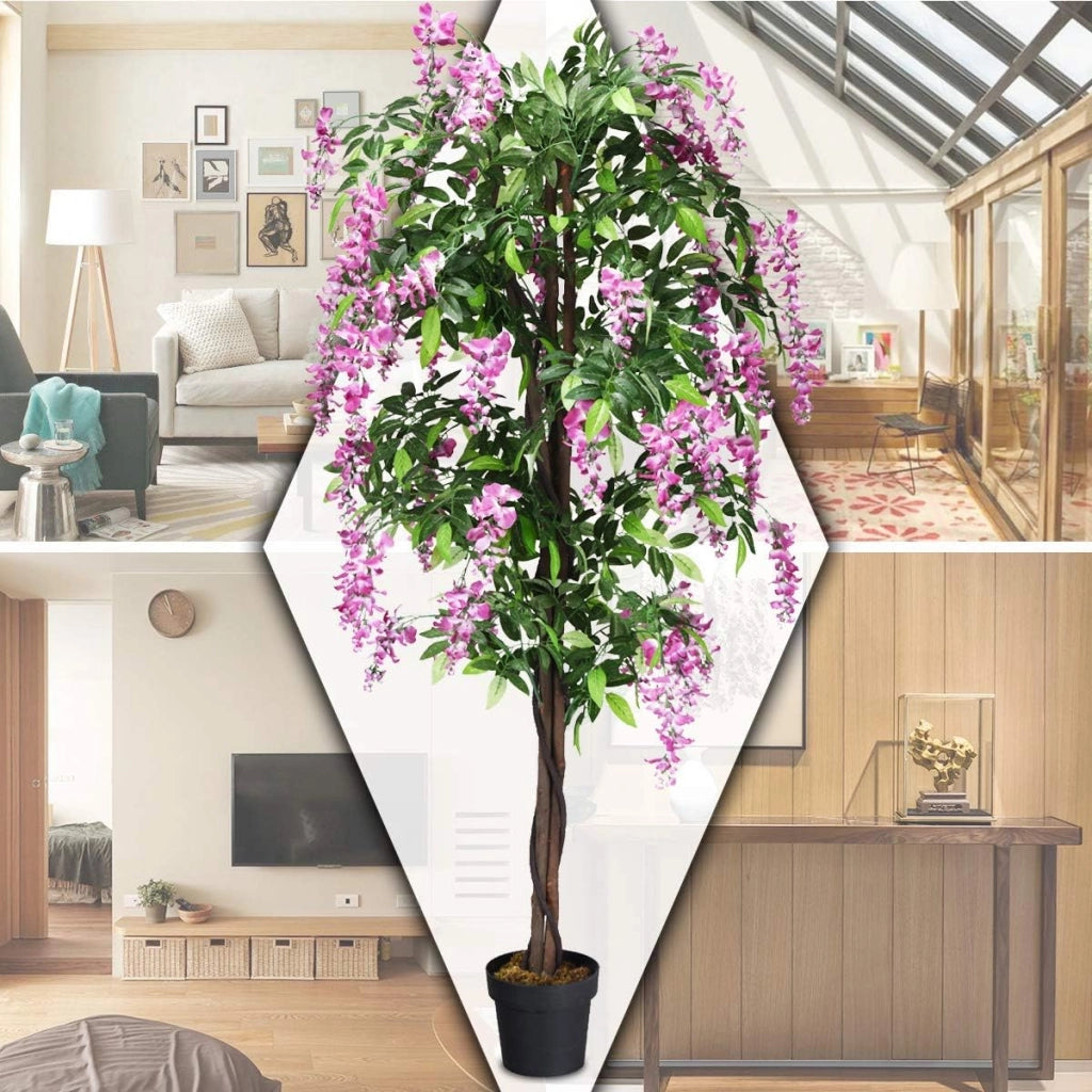 Pianta Finta da Interno da 180 cm, Albero Artificiale con Fiori Fiori Glicine Elegante in Vaso, Pianta Artificiale per Salotto, Camera da Letto e Balcone