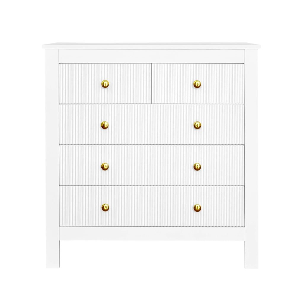 Credenza con 5 cassetti; superfici testurizzate e maniglie dorate; bianco 79 x 80;5 x 39;5 cm
