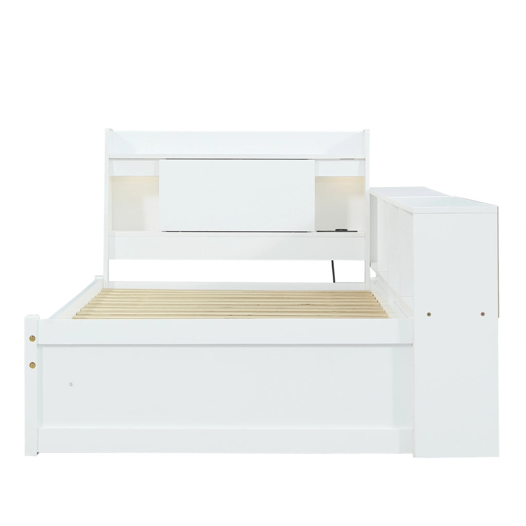 Letto singolo 90x200 cm con testiera con ripiano; cassetti e prese in legno bianco