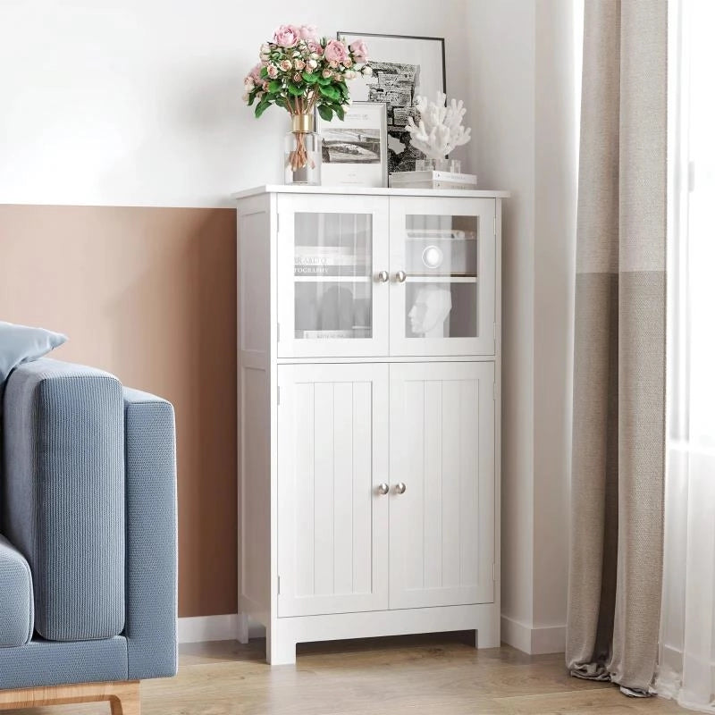 MOBILETTO BAGNO CON DUE ARMADIETTI, ANTE IN VETRO E RIPIANO REGOLABILE, 60X30X108.5 CM, BIANCO