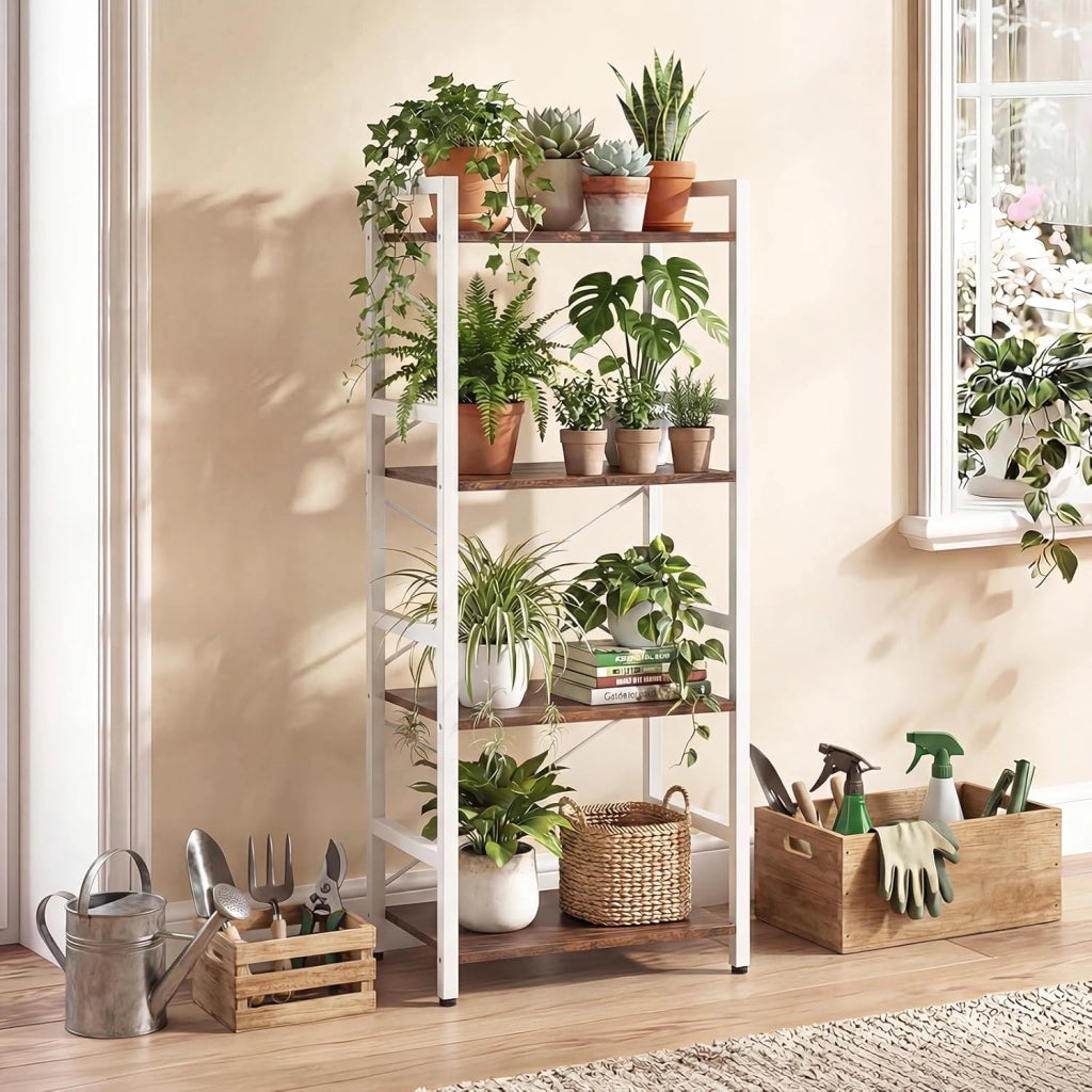 Libreria a 4 Ripiani, Scaffale Portaoggetti con Struttura in Metallo, con Ripiani Aperti e Design Anti-caduta, per Soggiorno Ufficio Casa, 41,5x27,5x100 cm (Naturale)