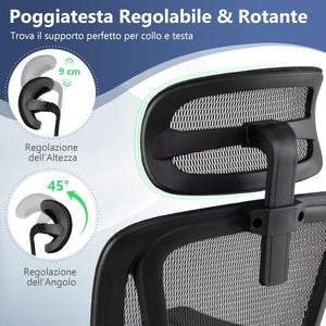 Sedia Ergonomica da Ufficio, Sedia Girevole con Poggiatesta, Supporto Lombare, Braccioli 3D, Poggiapiedi Estraibile & Schienale Reclinabile, Poltrona Girevole con Poggiapiedi